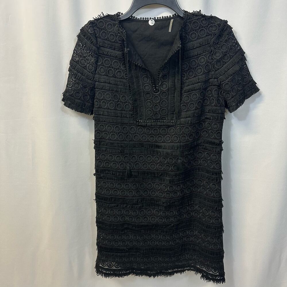 Margaret O'Leary Black V-Neck Crochet Lace Tassels Short Sleeve Dress XS